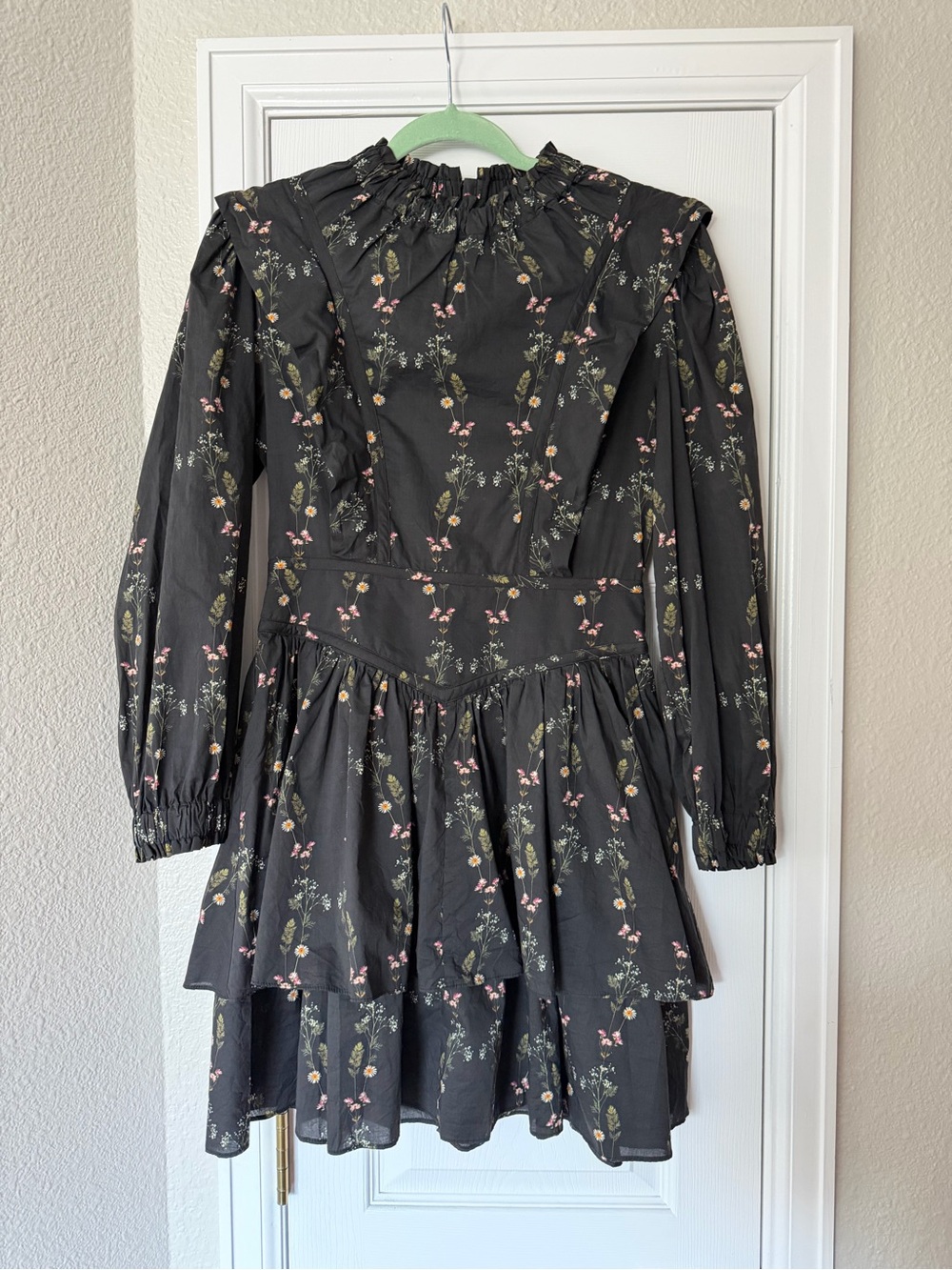 All Saints Black Floral Tiered Long-Sleeve Dress